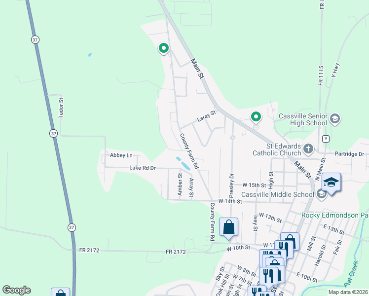 map of restaurants, bars, coffee shops, grocery stores, and more near 1411 Stephens Drive in Cassville