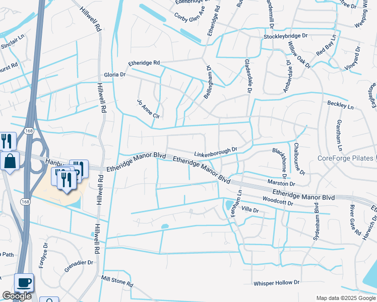 map of restaurants, bars, coffee shops, grocery stores, and more near 410 Linkenborough Drive in Chesapeake