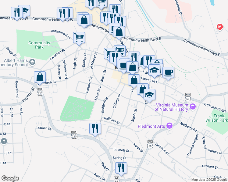 map of restaurants, bars, coffee shops, grocery stores, and more near 100-198 Bridge Street South in Martinsville