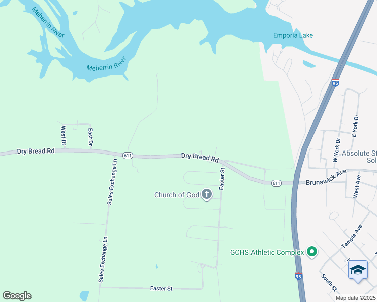 map of restaurants, bars, coffee shops, grocery stores, and more near 1095 Dry Bread Road in Emporia