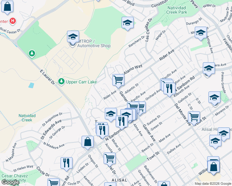 map of restaurants, bars, coffee shops, grocery stores, and more near 800 Elm Drive in Salinas