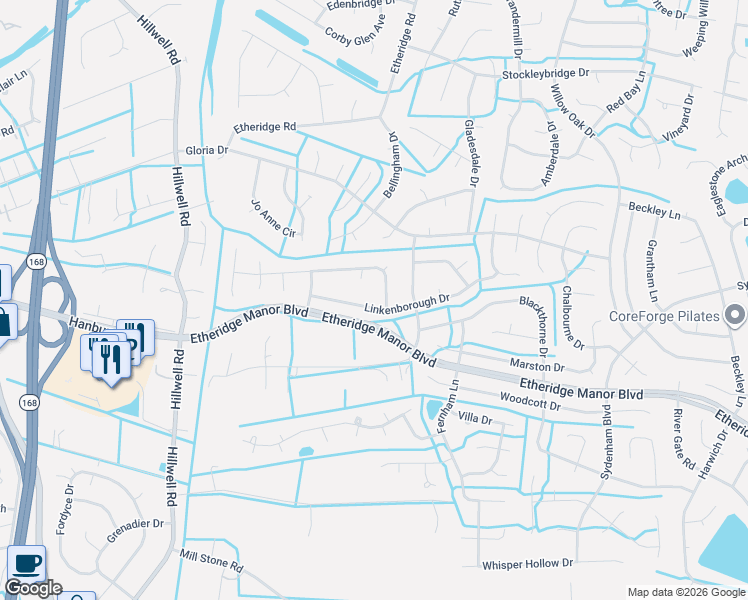 map of restaurants, bars, coffee shops, grocery stores, and more near 419 Linkenborough Drive in Chesapeake