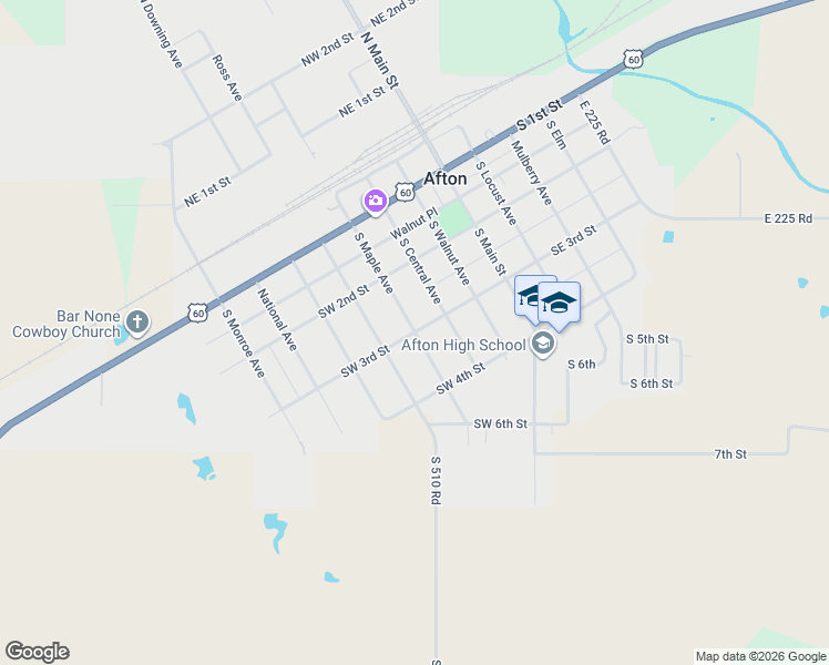map of restaurants, bars, coffee shops, grocery stores, and more near 300 Southwest 3rd Street in Afton