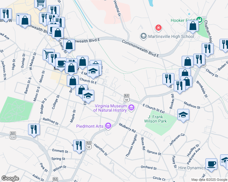 map of restaurants, bars, coffee shops, grocery stores, and more near 324 East Church Street in Martinsville