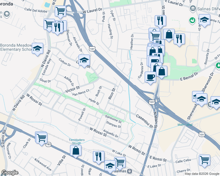 map of restaurants, bars, coffee shops, grocery stores, and more near 350 Casentini Street in Salinas