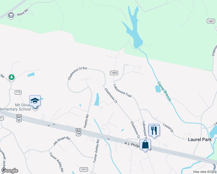 map of restaurants, bars, coffee shops, grocery stores, and more near 543 Chatmoss Court in Martinsville