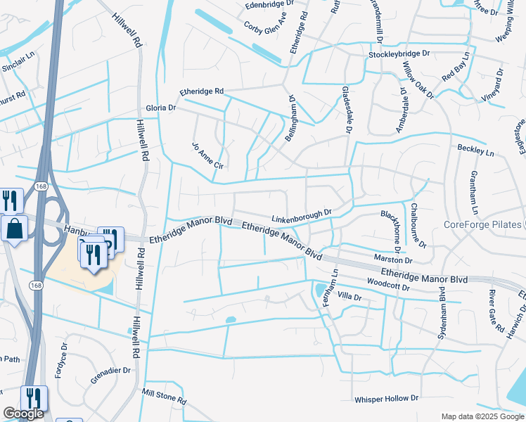 map of restaurants, bars, coffee shops, grocery stores, and more near 410 Linkenborough Drive in Chesapeake