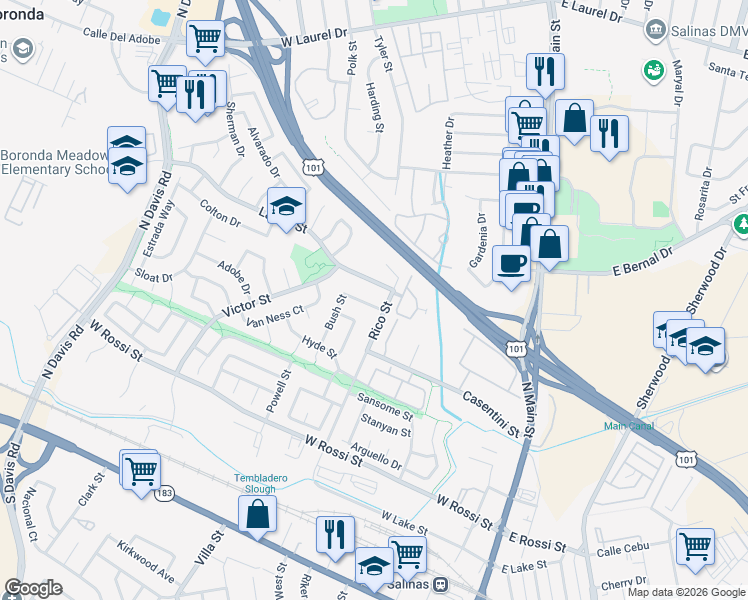 map of restaurants, bars, coffee shops, grocery stores, and more near 350 Casentini Street in Salinas