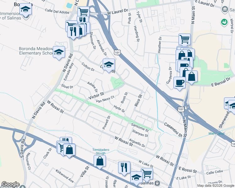 map of restaurants, bars, coffee shops, grocery stores, and more near 5 Van Ness Circle in Salinas