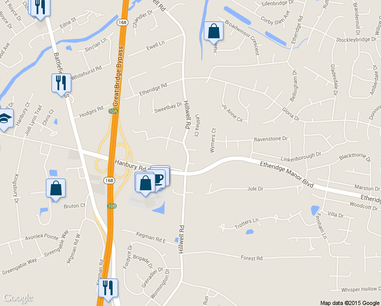 map of restaurants, bars, coffee shops, grocery stores, and more near 404 Cayland Court in Chesapeake