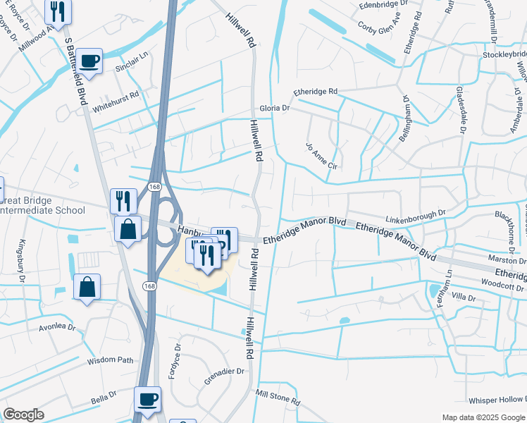 map of restaurants, bars, coffee shops, grocery stores, and more near 401 White Egret Cove in Chesapeake