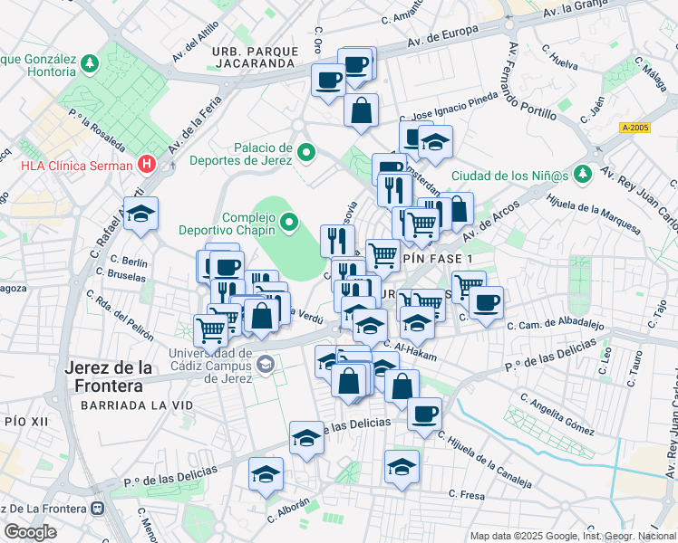 map of restaurants, bars, coffee shops, grocery stores, and more near 8 Avenida Arcos de la Frontera in Jerez de la Frontera