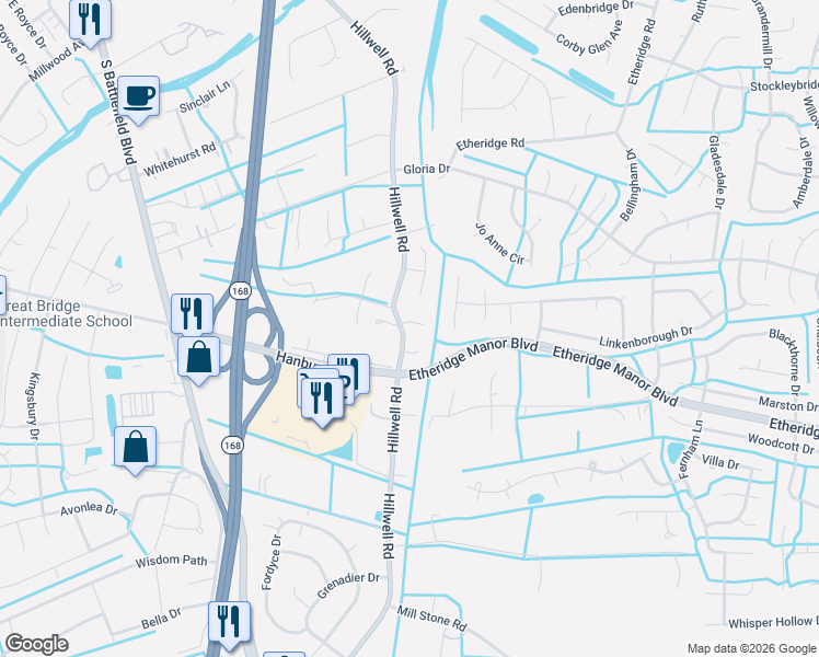 map of restaurants, bars, coffee shops, grocery stores, and more near 404 Cayland Court in Chesapeake