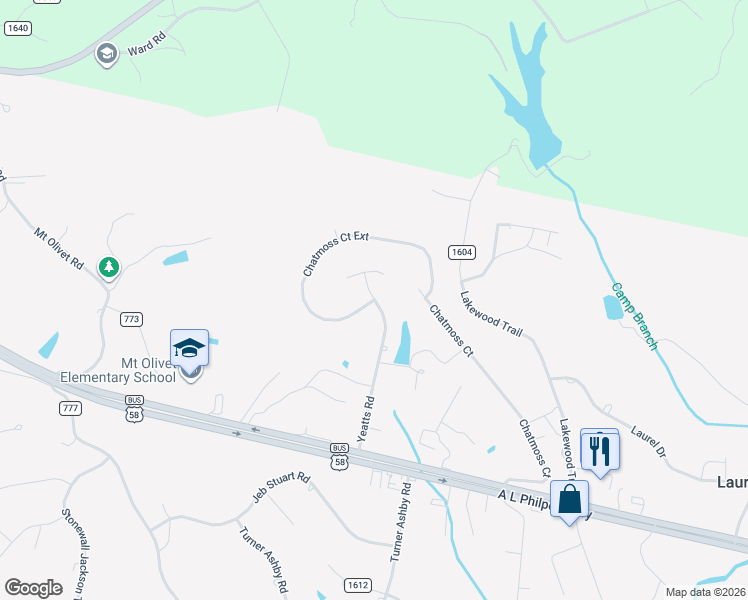 map of restaurants, bars, coffee shops, grocery stores, and more near County Road 1602 in Chatmoss