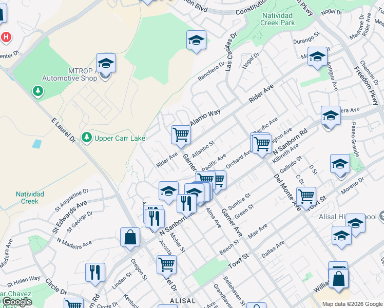 map of restaurants, bars, coffee shops, grocery stores, and more near 1007 Atlantic Street in Salinas