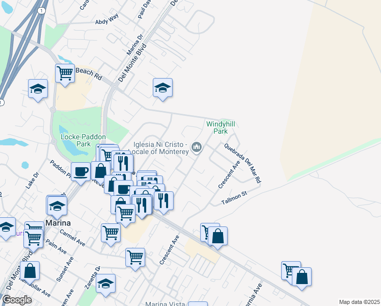 map of restaurants, bars, coffee shops, grocery stores, and more near 3217 De Forest Road in Marina