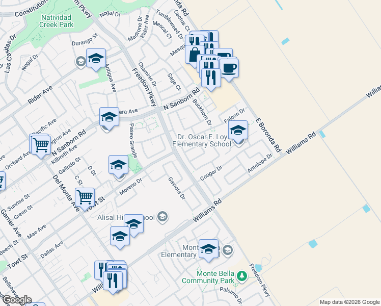 map of restaurants, bars, coffee shops, grocery stores, and more near 1096 Eagle Drive in Salinas