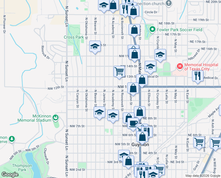 map of restaurants, bars, coffee shops, grocery stores, and more near 1008 North Academy Street in Guymon