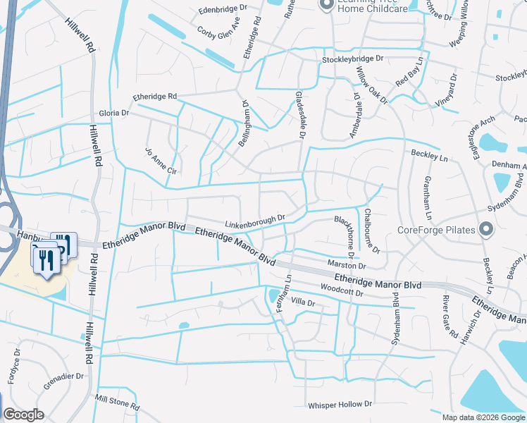 map of restaurants, bars, coffee shops, grocery stores, and more near 427 Linkenborough Drive in Chesapeake