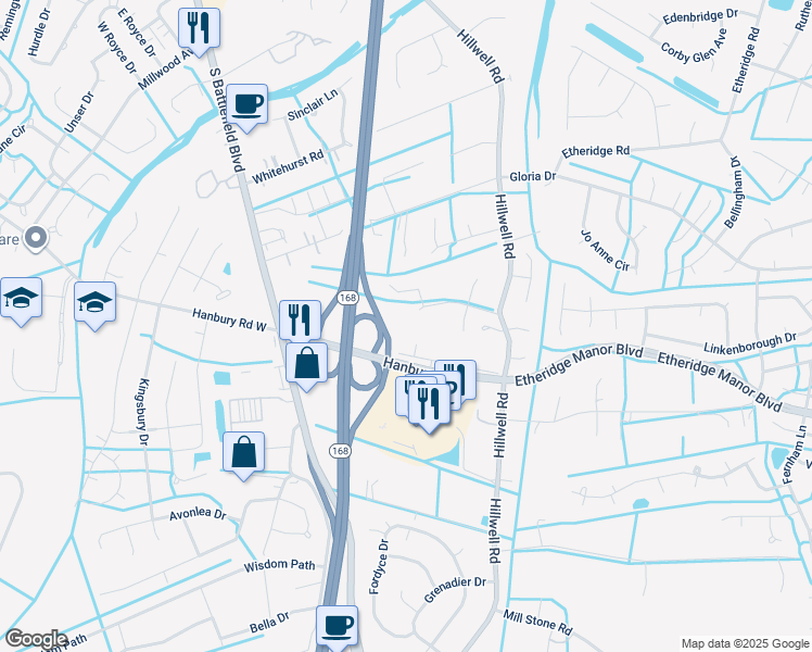 map of restaurants, bars, coffee shops, grocery stores, and more near 304 Windlesham Drive in Chesapeake