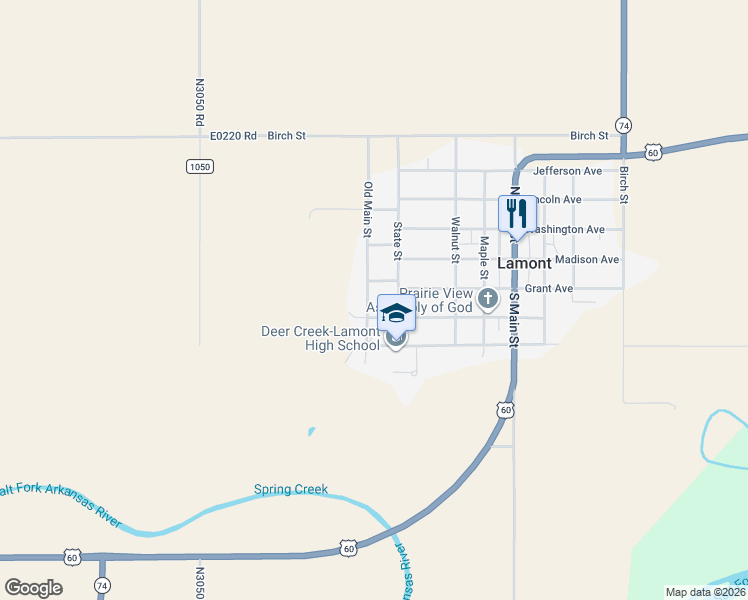 map of restaurants, bars, coffee shops, grocery stores, and more near 1206 Old Main in Lamont