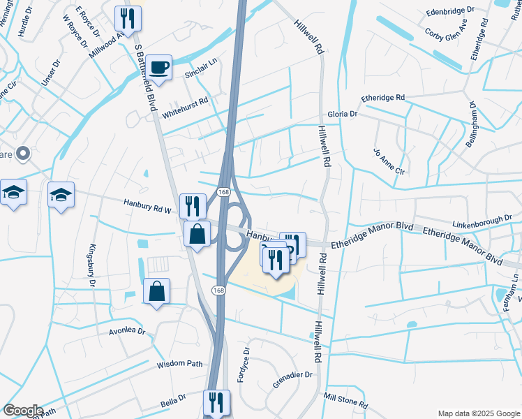 map of restaurants, bars, coffee shops, grocery stores, and more near 304 Windlesham Drive in Chesapeake