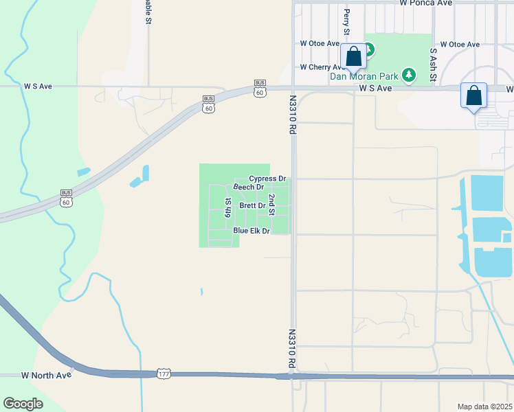 map of restaurants, bars, coffee shops, grocery stores, and more near Brett Drive in Ponca City