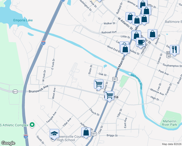 map of restaurants, bars, coffee shops, grocery stores, and more near 107 State Street in Emporia