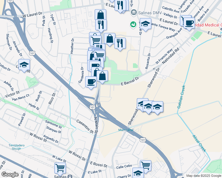 map of restaurants, bars, coffee shops, grocery stores, and more near 4 East Bernal Drive in Salinas