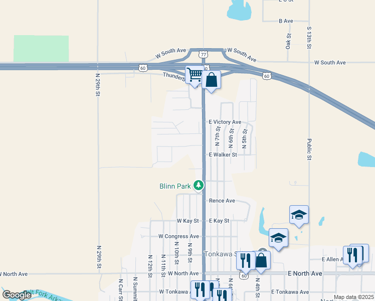 map of restaurants, bars, coffee shops, grocery stores, and more near 102 Buccaneer Drive in Tonkawa