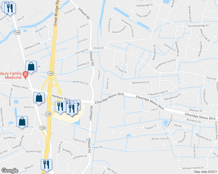 map of restaurants, bars, coffee shops, grocery stores, and more near 1017 Wymers Court in Chesapeake