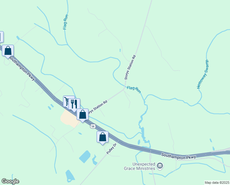 map of restaurants, bars, coffee shops, grocery stores, and more near 24236 Storys Station Road in Courtland
