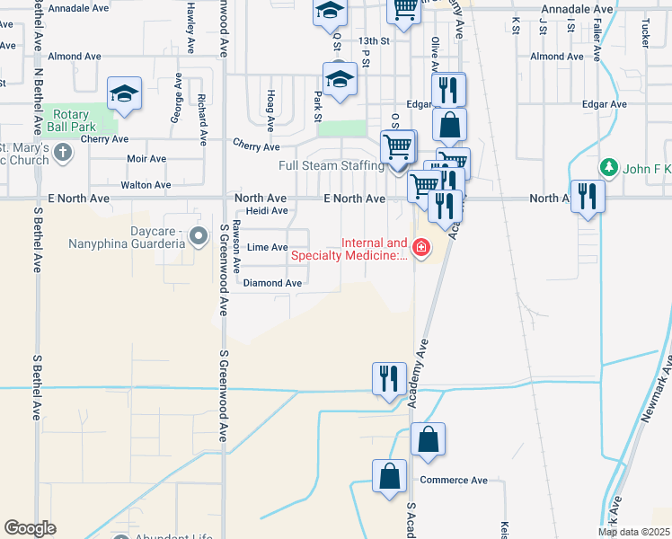 map of restaurants, bars, coffee shops, grocery stores, and more near 3145 Swan Avenue in Sanger