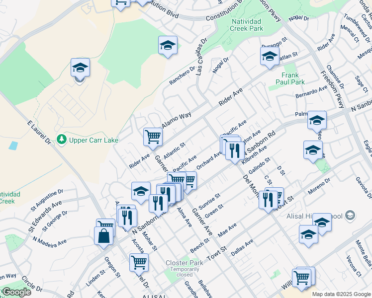 map of restaurants, bars, coffee shops, grocery stores, and more near 1053 Atlantic Street in Salinas