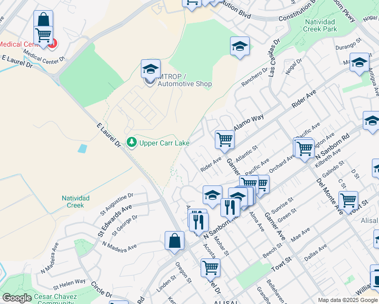 map of restaurants, bars, coffee shops, grocery stores, and more near 709 Gee Street in Salinas