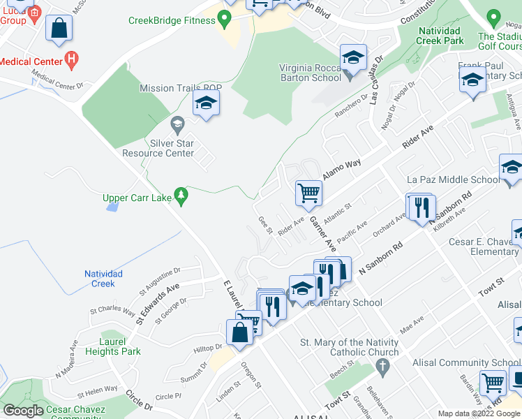 map of restaurants, bars, coffee shops, grocery stores, and more near 709 Gee Street in Salinas
