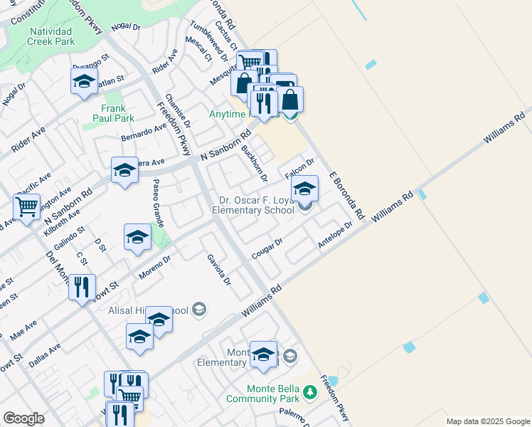 map of restaurants, bars, coffee shops, grocery stores, and more near 1149 Eagle Drive in Salinas