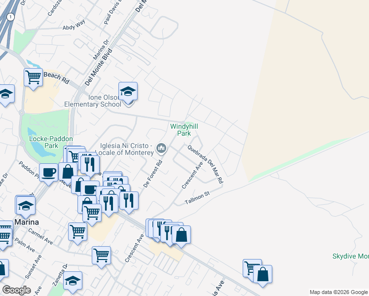map of restaurants, bars, coffee shops, grocery stores, and more near 292 Quebrada Del Mar Road in Marina