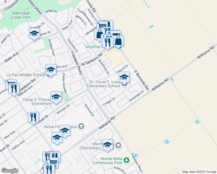 map of restaurants, bars, coffee shops, grocery stores, and more near 1149 Eagle Drive in Salinas