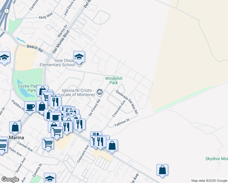 map of restaurants, bars, coffee shops, grocery stores, and more near 292 Quebrada Del Mar Road in Marina