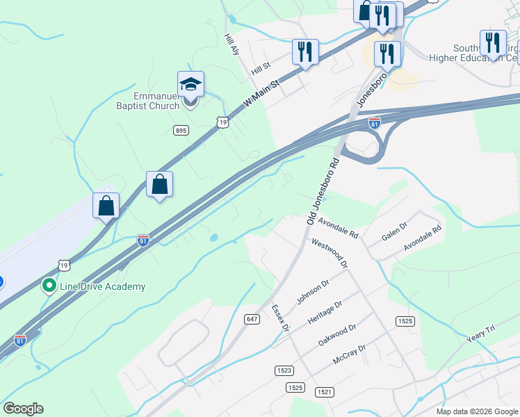 map of restaurants, bars, coffee shops, grocery stores, and more near 18101 Westminster Avenue in Abingdon
