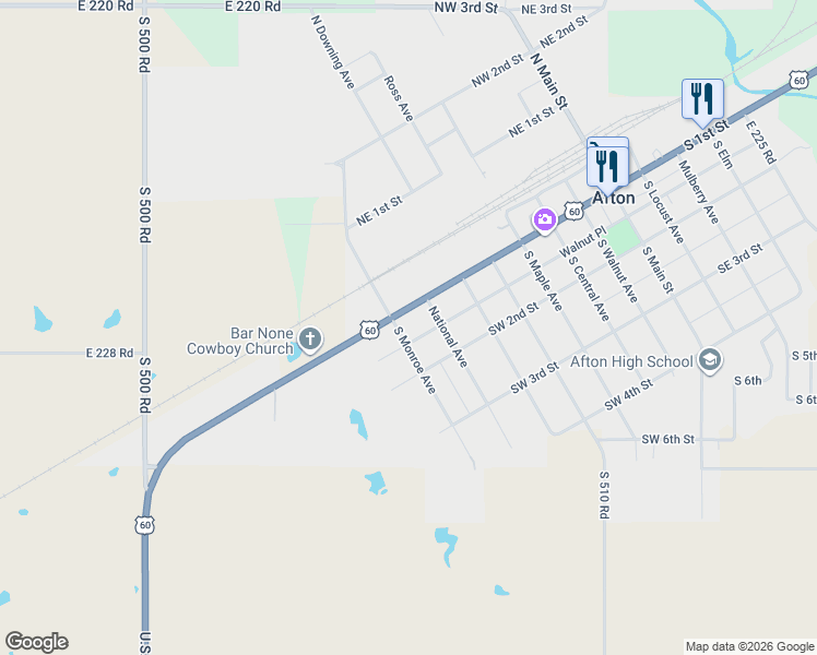 map of restaurants, bars, coffee shops, grocery stores, and more near 610 South 1st Street in Afton