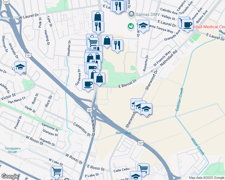 map of restaurants, bars, coffee shops, grocery stores, and more near 4 East Bernal Drive in Salinas