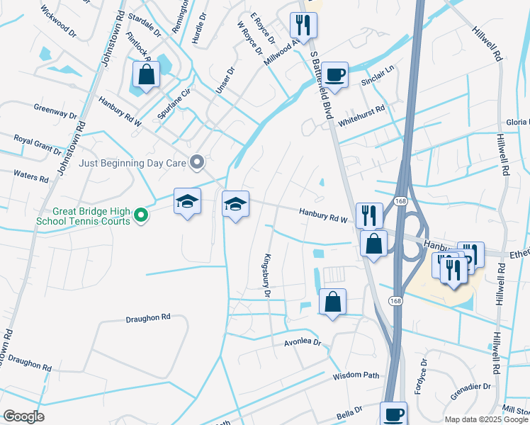 map of restaurants, bars, coffee shops, grocery stores, and more near Edinburgh Parkway in Chesapeake