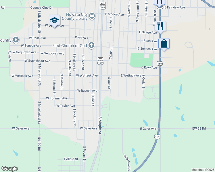 map of restaurants, bars, coffee shops, grocery stores, and more near 634 South Oak Street in Nowata
