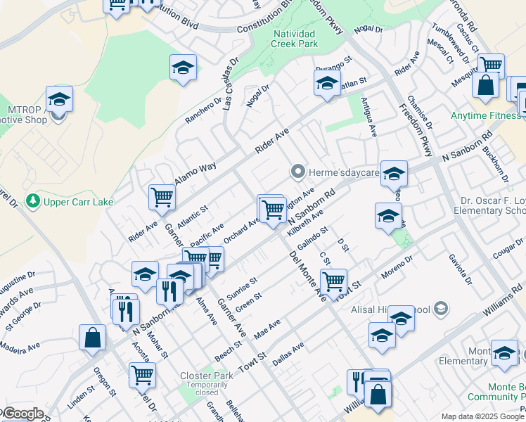 map of restaurants, bars, coffee shops, grocery stores, and more near 715 Elkington Avenue in Salinas