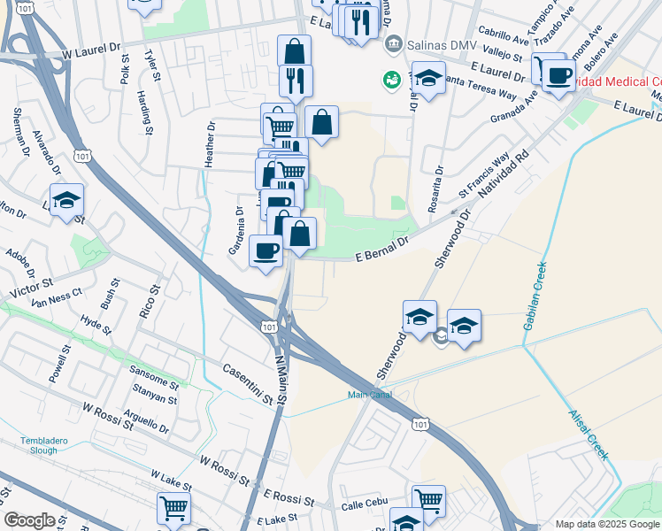 map of restaurants, bars, coffee shops, grocery stores, and more near 4 East Bernal Drive in Salinas