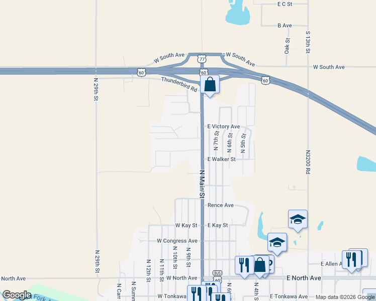 map of restaurants, bars, coffee shops, grocery stores, and more near 102 Buccaneer Drive in Tonkawa