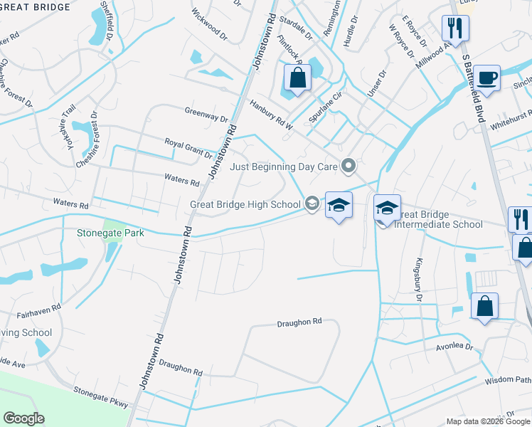 map of restaurants, bars, coffee shops, grocery stores, and more near 829 Saddleback Trail Road in Chesapeake