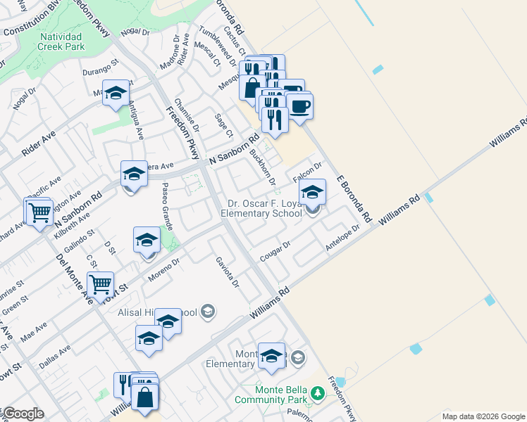 map of restaurants, bars, coffee shops, grocery stores, and more near 1439 Wolf Court in Salinas